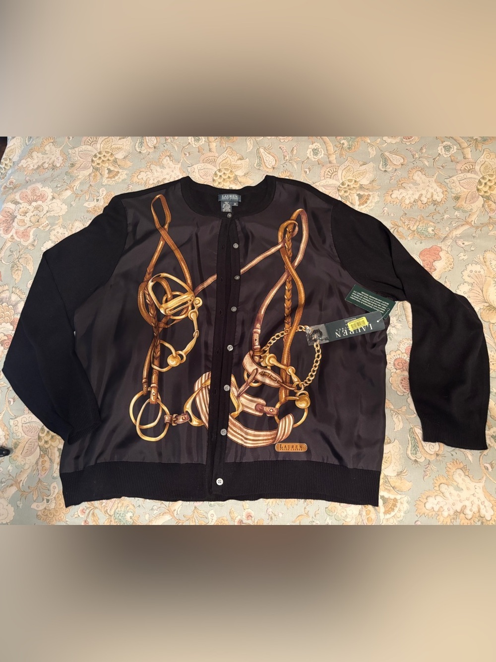 Lauren Ralph Lauren silk & cashmere equestrian print cardigan black